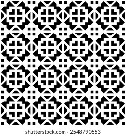 Patrón geométrico abstracto sin fisuras en blanco y negro, que consiste en repetir Formas simétricas. Adecuado para fondos, Fondos de pantalla, diseños textiles, impresiones, proyectos decorativos, etc.