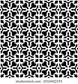 Seamless abstract geometric pattern in black and white, featuring an intricate and symmetrical design. Suitable for backgrounds, wallpapers, textiles and various creative projects.