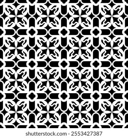 Seamless abstract geometric pattern in black and white, featuring an intricate and symmetrical design. Suitable for backgrounds, wallpapers, textiles and various creative projects.