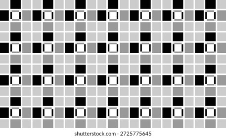 Patrón geométrico abstracto sin fisuras en combinación de colores negro, blanco y gris compuesto de cuadrados con bordes blancos, ideal para textiles y fondos
