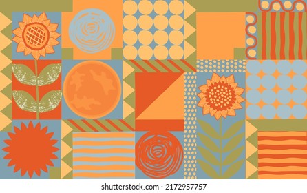Patrón geométrico abstracto sin fisuras con girasol floreciente, rayas ásperas, puntos, triángulos, líneas onduladas en colores azul, amarillo y naranja.Fondo vectorial y textura para impresión en tela y papel.