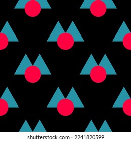 Seamless abstract geometric pattern. Blue, red, black. Vector illustration. Triangles, circles texture. Design for textile fabrics, wrapping paper, background, wallpaper, cover.