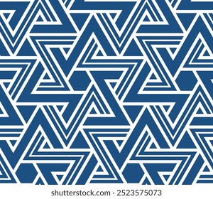 Patrón geométrico abstracto sin fisuras con triángulos azules y blancos, líneas en zigzag y hexágonos. Diseño sencillo y limpio. Estilo étnico moderno. Ilustración vectorial.