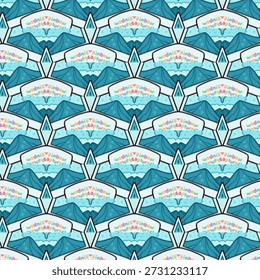 Nahtloses abstraktes geometrisches Muster mit blauen Bergen und gespiegelten Formen, dekorativer Hintergrund für Tapete, Stoff, Verpackung und modernes Design.