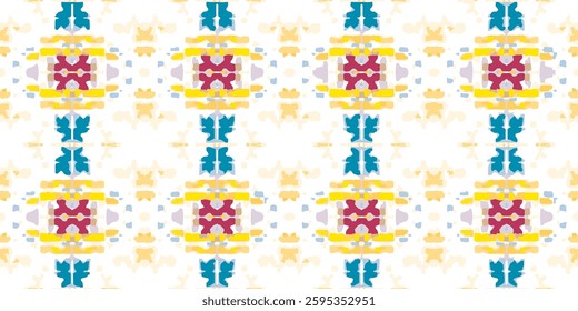 Seamless abstract geometric pattern. Boho ethnic style. Bright colors. Yellow, blue, and red accents. Repeating motifs design. Intricate motifs. Modern style. Playful aesthetic.
