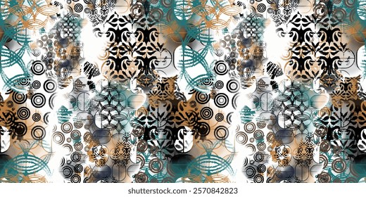 Seamless abstract geometric pattern with bold, monochromatic color palette and a mix of organic textures. Perfect for modern and contemporary designs. Vector illustration