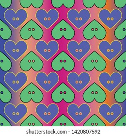 Seamless abstract geometric pattern with cheerful button hearts. Illustration in pink, red, purple, orange, green and yellow. Ideal for fashion, gift, paper, scrapbooking and fabric.
