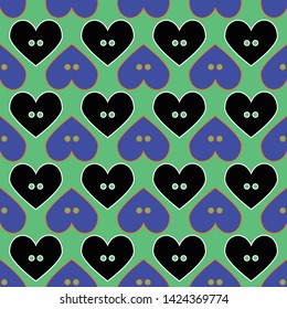 Seamless abstract geometric pattern with cheerful button hearts. Illustration in pink, blue, purple, green and yellow. Ideal for fashion, gift, paper, scrapbooking and fabric.