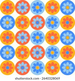 Seamless abstract geometric pattern with circles and flowers. Color vector pattern. Vector art. Background. Repetitive elements