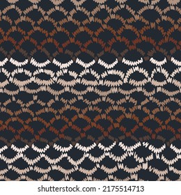 Seamless abstract geometric pattern with color decorative hand drawn circles, ovals forming grid. Chain background. Simple ethnic folk style. Knitting lace texture.