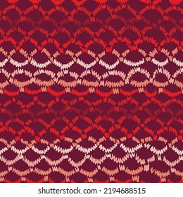 Seamless abstract geometric pattern with color decorative hand drawn circles, ovals forming grid. Chain background. Simple ethnic folk style. Knitting lace texture.