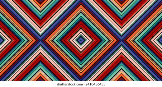 Seamless abstract geometric pattern with colorful stripes and chevron lines, repeat tiles. Ethnic vector background. Simple dynamic design with retro vibe. Repeating texture for decor, textile, print