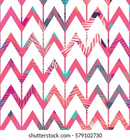 Seamless abstract geometric pattern with the colorful tropical zigzag lines. Design template for wallpaper, wrapping, fabric etc. Vector Illustration