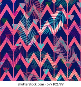Seamless abstract geometric pattern with the colorful tropical zigzag lines and triangles. Design template for wallpaper, wrapping, fabric etc. Vector Illustration
