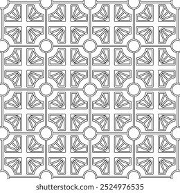 Seamless abstract geometric pattern, with a combination of connected circles and straight lines in black and white. Suitable for various creative projects or decorative elements.