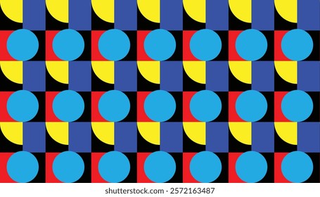 Seamless abstract geometric pattern combination of colorful circles, semicircles and squares. Perfect for printing, design backgrounds, wallpaper and tiles.