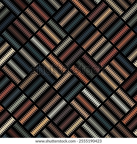 Seamless abstract geometric pattern with a composition of small multicolored rectangles set on diagonal lines.  Modern and trendy style. Vector illustration.