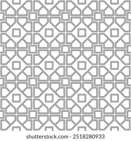 Padrão geométrico abstrato sem emenda consistindo de linhas pretas e brancas formando quadrados e pentágonos dispostos simétrica e regularmente. Adequado para design gráfico, têxteis ou decoração.