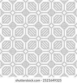 Seamless abstract geometric pattern consisting of overlapping and connected black and white lines forming a regular arrangement. Suitable for backgrounds, textiles and various design projects.