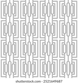 Seamless abstract geometric pattern consisting of connected black and white lines and square-like geometric shapes. Suitable for various creative projects or decorative elements.