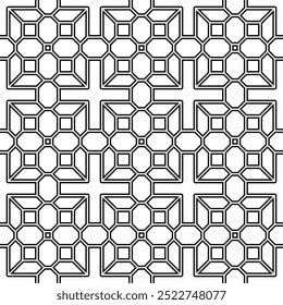 Seamless abstract geometric pattern, consisting of interconnected square and octagonal shapes arranged regularly and symmetrically in black and white. Suitable for various creative projects.