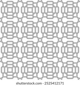 Seamless abstract geometric pattern, consisting of connected lines forming a regular and symmetrical structure in black and white. Suitable for various creative projects or decorative elements.