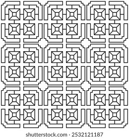 Modelo geométrico abstracto inconsútil que consiste en líneas simétricas complejas en blanco y negro. Adecuado para fondos, Fondos de pantalla, textiles y varios proyectos de diseño creativo.