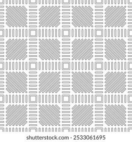 Seamless abstract geometric pattern consisting of square shapes with diagonal, horizontal and vertical lines. Suitable for backgrounds, textiles and various creative projects.