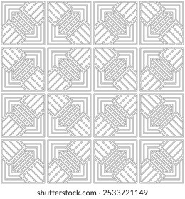 Seamless abstract geometric pattern consisting of interlocking shapes in a grid layout. Suitable for backgrounds, textiles and various creative projects.