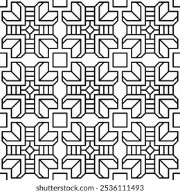 Seamless abstract geometric pattern consisting of straight lines and simple geometric shapes in black and white. Suitable for backgrounds, interior decoration, textiles and various creative projects.