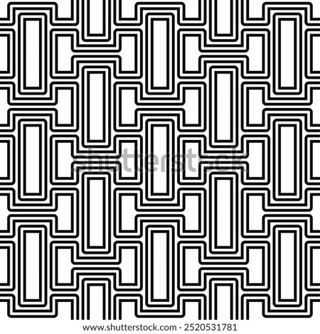 Seamless abstract geometric pattern consisting of black and white lines forming interlocking rectangles. Suitable for various creative projects or decorative elements.