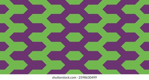 Seamless abstract geometric pattern with contrasting green and purple color combination, suitable for modern backgrounds and textile designs.