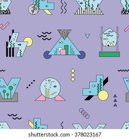 Seamless abstract geometric pattern with crazy aquariums in bright memphis style 1