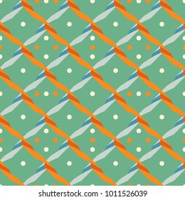 Seamless abstract geometric pattern with criss-cross serpentine and dots in retro color palette