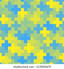 Seamless abstract geometric pattern with cross shapes ornament. Ukrainian flag color stylish texture. Yellow and blue halftone colored tiled mosaic regularly repeating geometrical background.