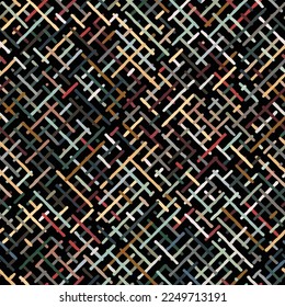 Patrón geométrico abstracto sin inconvenientes con trazos irregulares de diagonal cruzada sobre un fondo negro. Dibujar bordes irregulares de estilo. Ilustración vectorial para textil, envoltura, impresión y web. 
