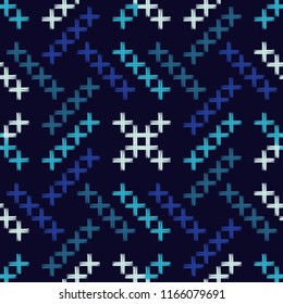 Seamless abstract geometric pattern. Cross-stitch. Mosaic texture. Brushwork. Hand hatching. Scribble texture. Textile rapport.