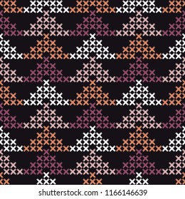 Seamless abstract geometric pattern. Cross-stitch. Mosaic texture. Brushwork. Hand hatching. Scribble texture. Textile rapport.