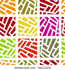 Seamless Abstract Geometric Pattern with Cut Colored Squares. Funny Maze Mosaic Background. White Cross Lines