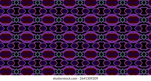 Seamless abstract geometric pattern with dark purple and magenta tones, featuring oval and diamond motifs. Ideal for textile, wallpaper, or digital design.