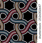 Seamless abstract geometric pattern. Decorative lattice with intersecting striped wavy lines on a black background. Thick and thin lines in red, blue, and yellow. Retro style design. 