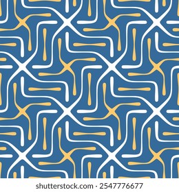 Seamless abstract geometric pattern with a decorative design of thin yellow and white lines on a blue background. Elegant and modern style. Vector illustration.