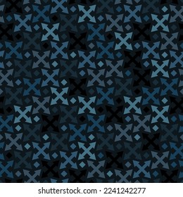 Seamless abstract geometric pattern with denim arrow crosses. Modern stylish indigo texture. Monochrome blue stylish texture. Chaos colored regularly repeating geometrical background.