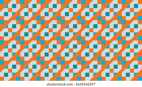 Seamless abstract geometric pattern with diagonal orange stripes and small teal squares on a light gray background. This vibrant and playful vector design is ideal for retro-themed projects
