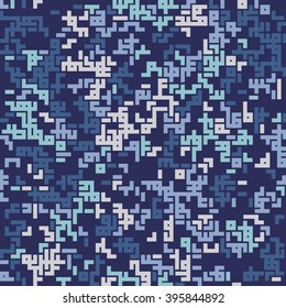 Seamless abstract geometric pattern. Digital camouflage style. Blue, white labyrinth elements on blue background. For textile, paper print, website background and fabric design. EPS10.