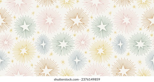 Seamless abstract geometric pattern with doodle stars. Christmas gift wrapping paper texture. Hand drawn vector background.