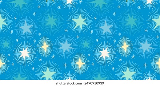 Seamless abstract geometric pattern with doodle stars. Christmas gift wrapping paper texture. Hand drawn vector background.