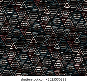 Seamless abstract geometric pattern with dotted concentric lines shaped like hexagons and triangles. Ethnic dot art with small blue, red, and brown circles on a black background. Vector illustration.