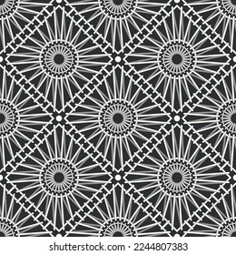 Seamless abstract geometric pattern. Ethnic motif with outlined circles, stars, and squares in white on black background. Traditional ornament in an embroidery style. Decorative vector illustration.