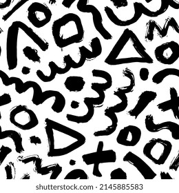 Seamless abstract geometric pattern fashion 80-90s. Grunge straight brush stroke, triangles, circles, zigzag lines. Chaotic ink brush scribbles texture. Messy doodles, curvy lines in Memphis style